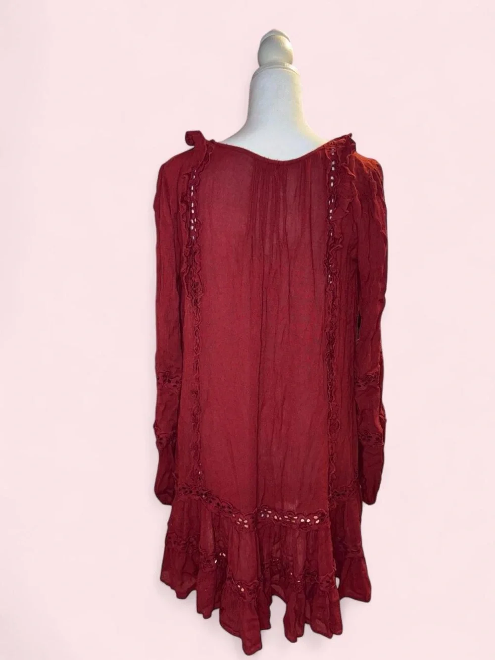 Free People Burgundy Button-Front Ruffle Tiered Midi Dress